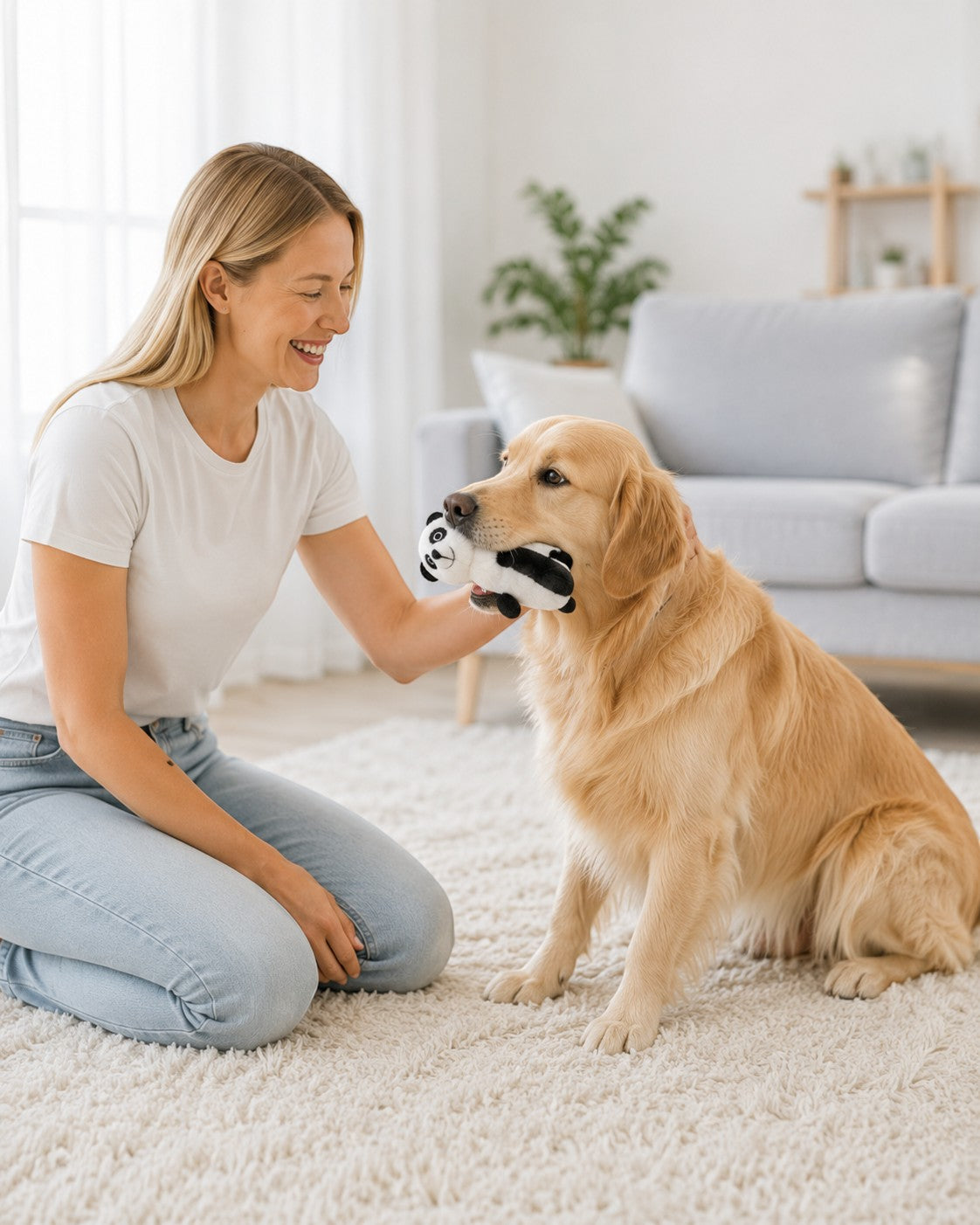 Tap To Own plush panda dog toy with black and white markings and embroidered face held by a golden retriever.