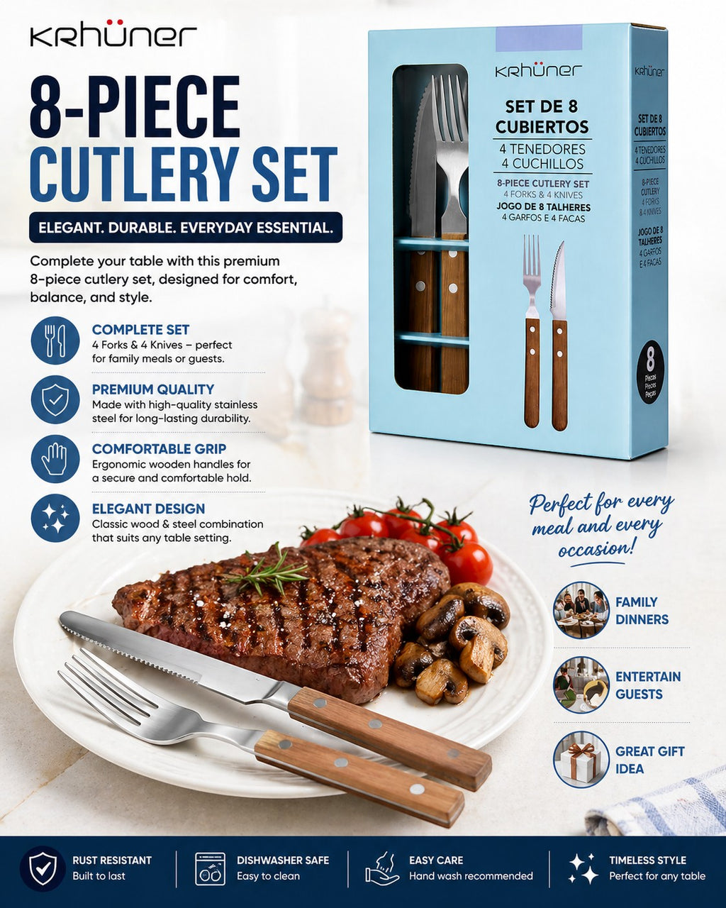 Tap2Own 8-piece cutlery set with stainless steel heads and ergonomic wooden handles, perfect for family meals or entertaining.