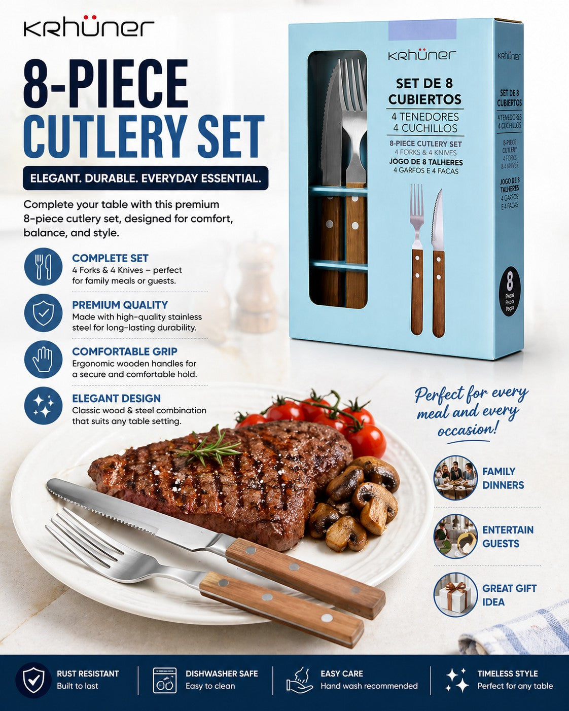 Tap2Own 8-piece cutlery set with stainless steel heads and ergonomic wooden handles, perfect for family meals or entertaining.