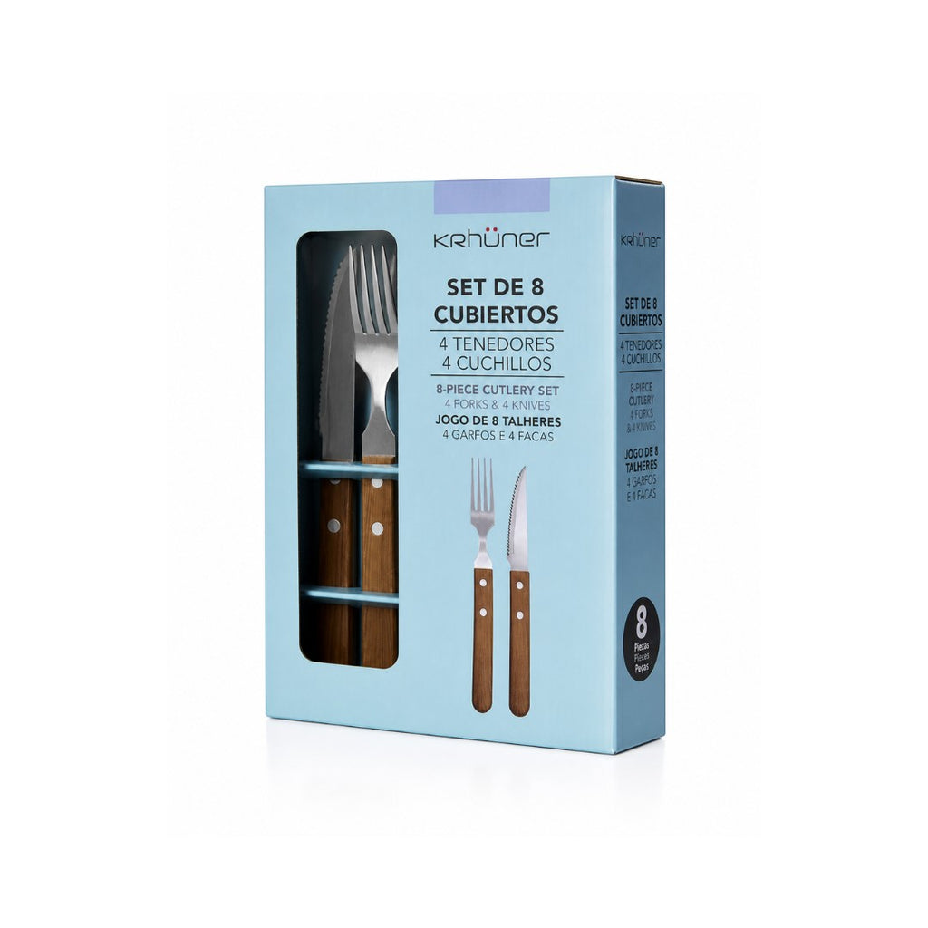 Tap2Own 8-piece cutlery set with stainless steel heads and ergonomic wooden handles, including 4 forks and 4 knives.