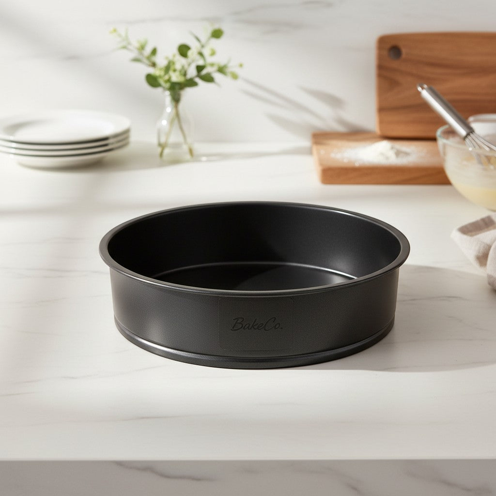 Tap2Own 9-inch round cake pan, heavy-duty steel with nonstick finish for even heating and easy release.