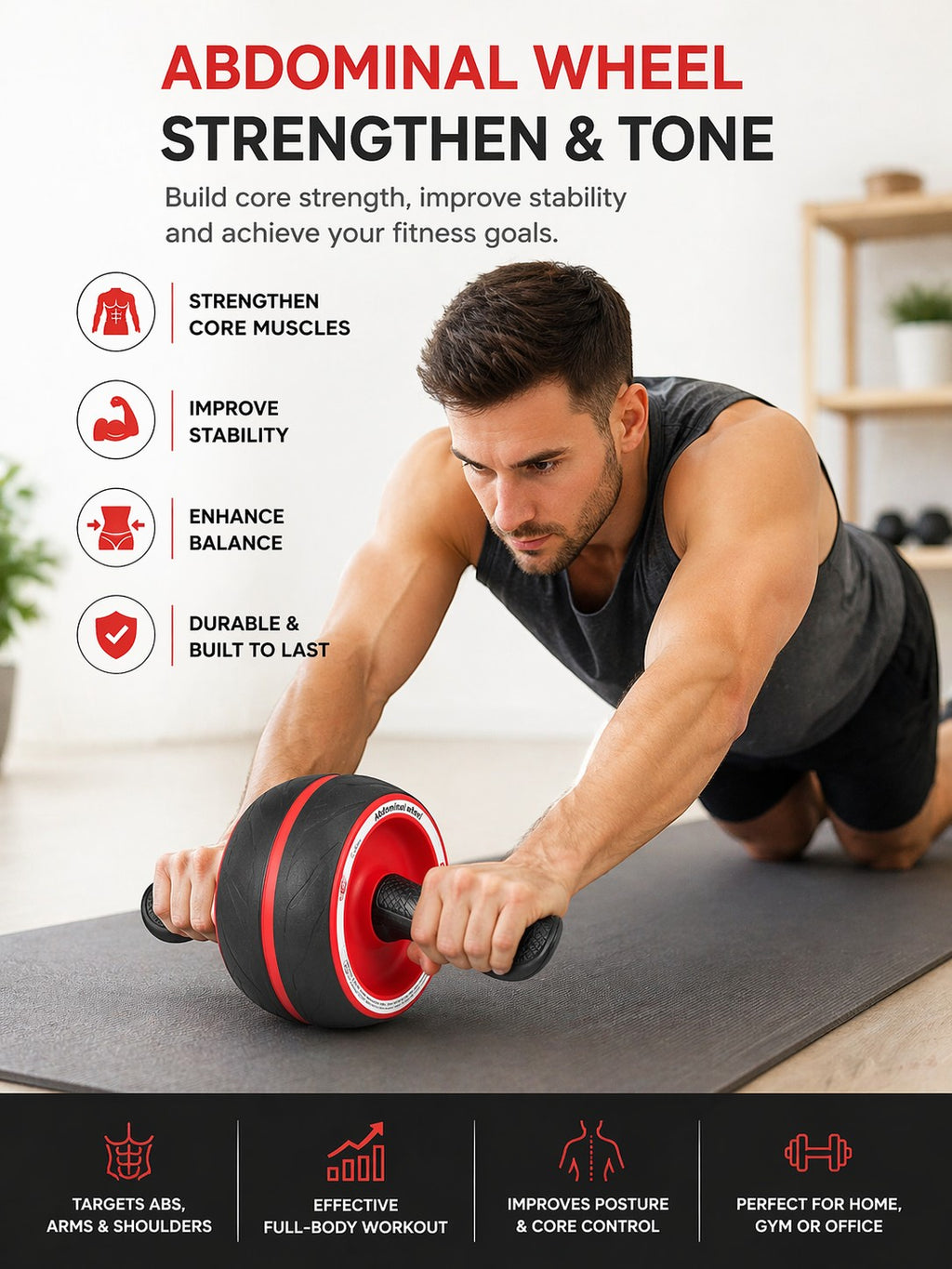 Tap2Own Abdominal Roller Wheel with red accents and black non-slip handles, used by a man for core strength training on a yoga mat.
