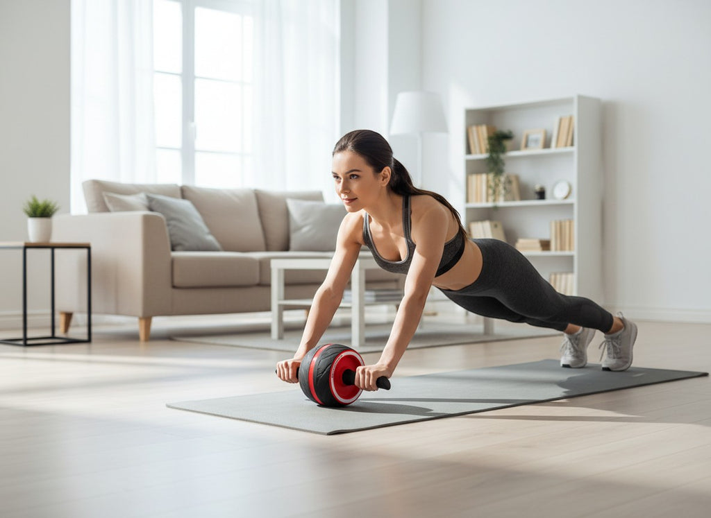 Tap2Own Abdominal Roller Wheel with red accents, used by a woman for core strength training on a yoga mat in a bright living room.