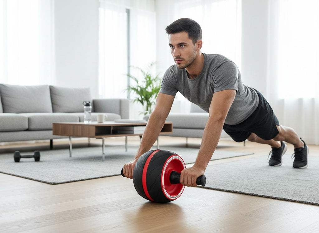 Tap2Own Abdominal Roller Wheel, black and red, with a man performing a core workout at home.