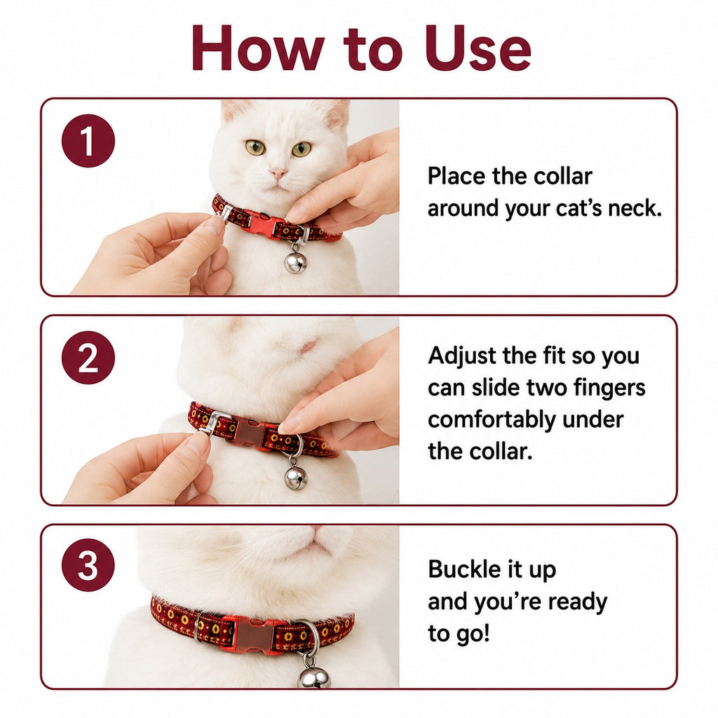 Tap2Own red cat collar with gold and black pattern, bell, and quick-release buckle. Adjustable for comfort and safety.