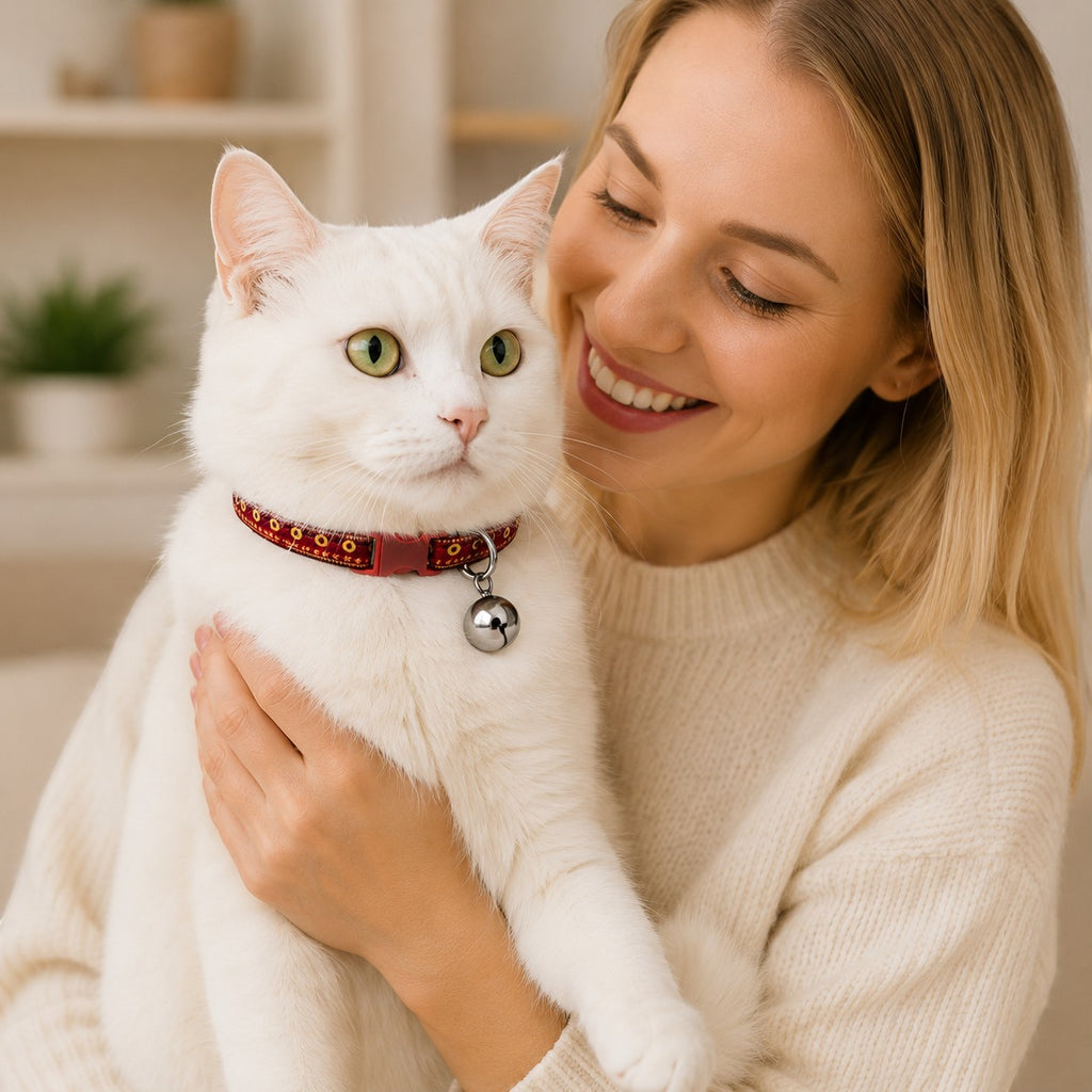 Tap2Own red patterned cat collar with bell, adjustable fabric, quick-release buckle, worn by a white cat held by a smiling woman.