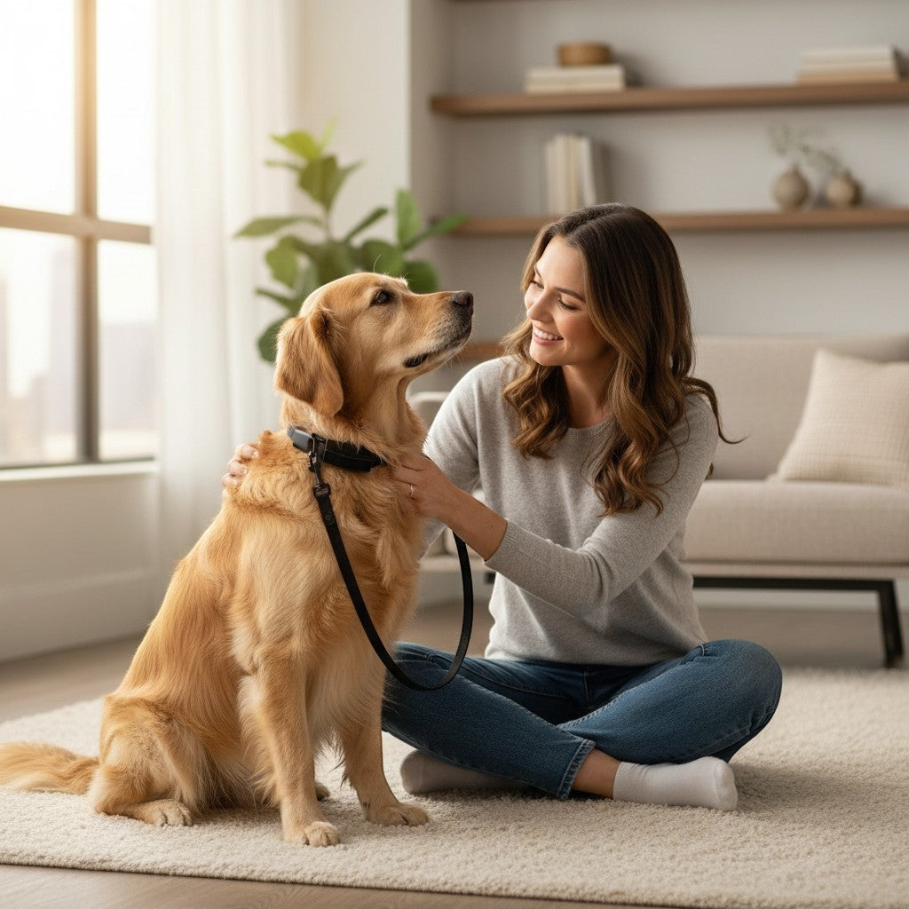 Tap2Own black adjustable nylon dog collar with buckle closure on a golden retriever sitting with a woman.