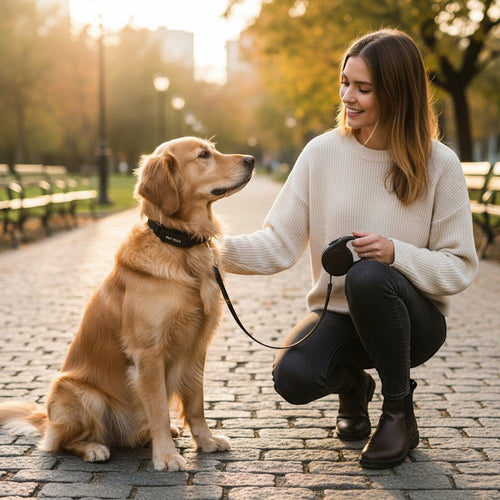 Tap2Own black adjustable nylon dog collar with buckle closure on a golden retriever in a park setting.