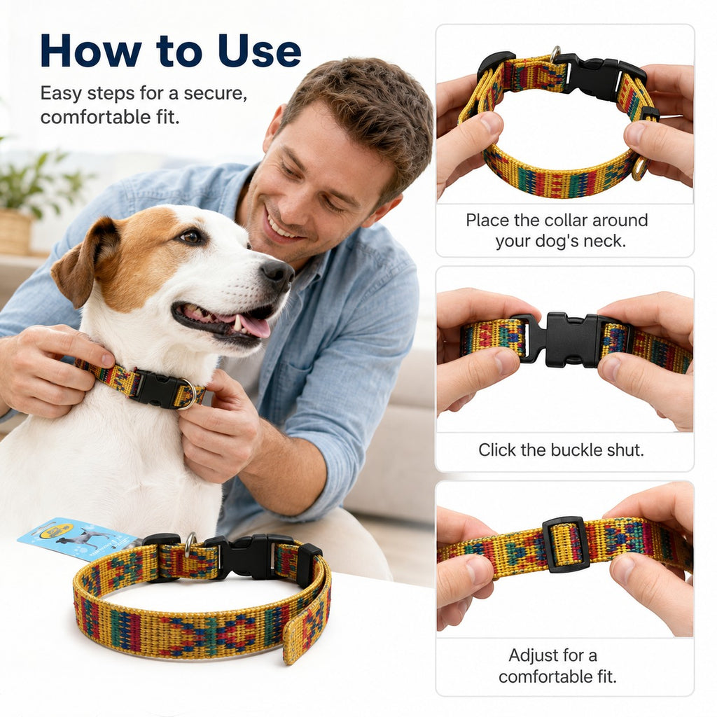 Tap2Own yellow woven dog collar with colorful geometric pattern and black buckle, adjustable for a comfortable fit.