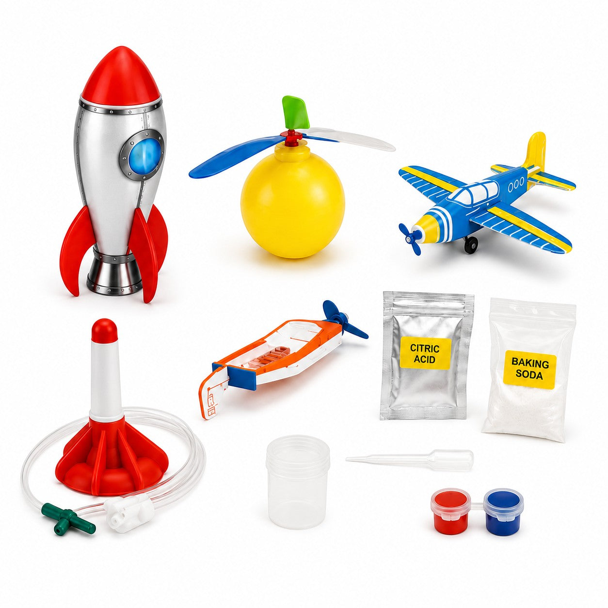 Tap2Own Unbelievable Science 3-in-1 Aerodynamic Experiments and Models kit includes a red and silver rocket, a blue and yellow airplane, a yellow helicopter, and a boat with accessories.