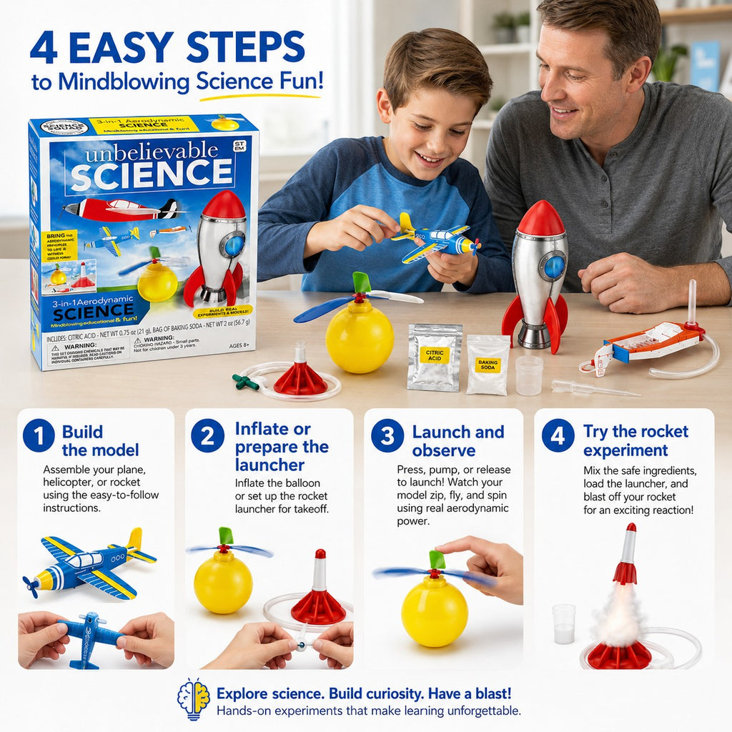 Tap2Own Unbelievable Science 3-in-1 Aerodynamic Experiments and Models kit with boy and dad building and launching models.