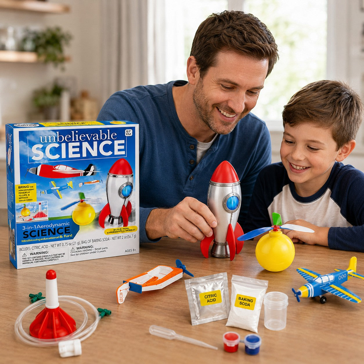 A father and son happily build an Unbelievable Science 3-in-1 Aerodynamic Experiments and Models kit. The kit includes rockets, airplanes, and helicopters.