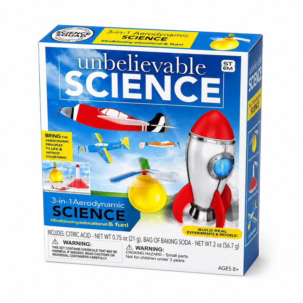 Tap2Own Unbelievable Science 3-in-1 Aerodynamic Experiments and Models kit with rockets, airplanes, and helicopters. Ages 8+.