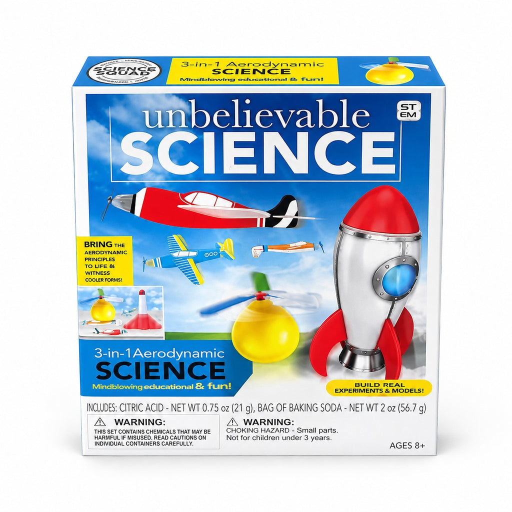 Tap2Own Unbelievable Science 3-in-1 Aerodynamic Experiments and Models kit with rockets, airplanes, and helicopters. Ages 8+.