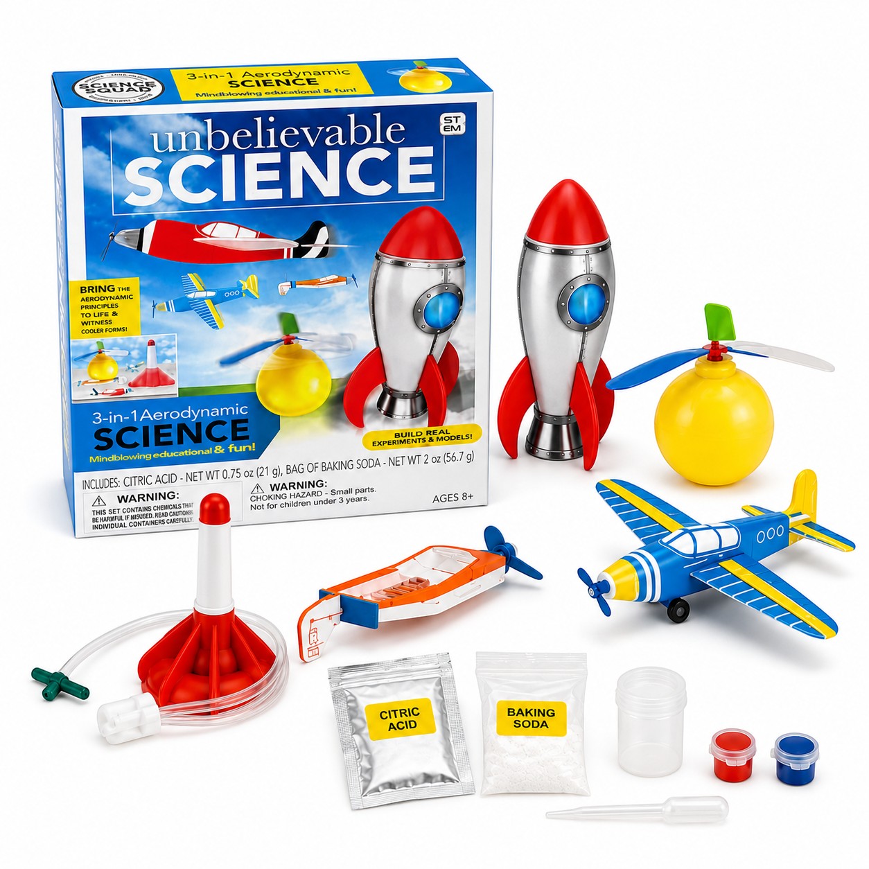 Tap2Own Unbelievable Science 3-in-1 Aerodynamic Experiments and Models kit with rockets, airplane, helicopter, and experiment tools.