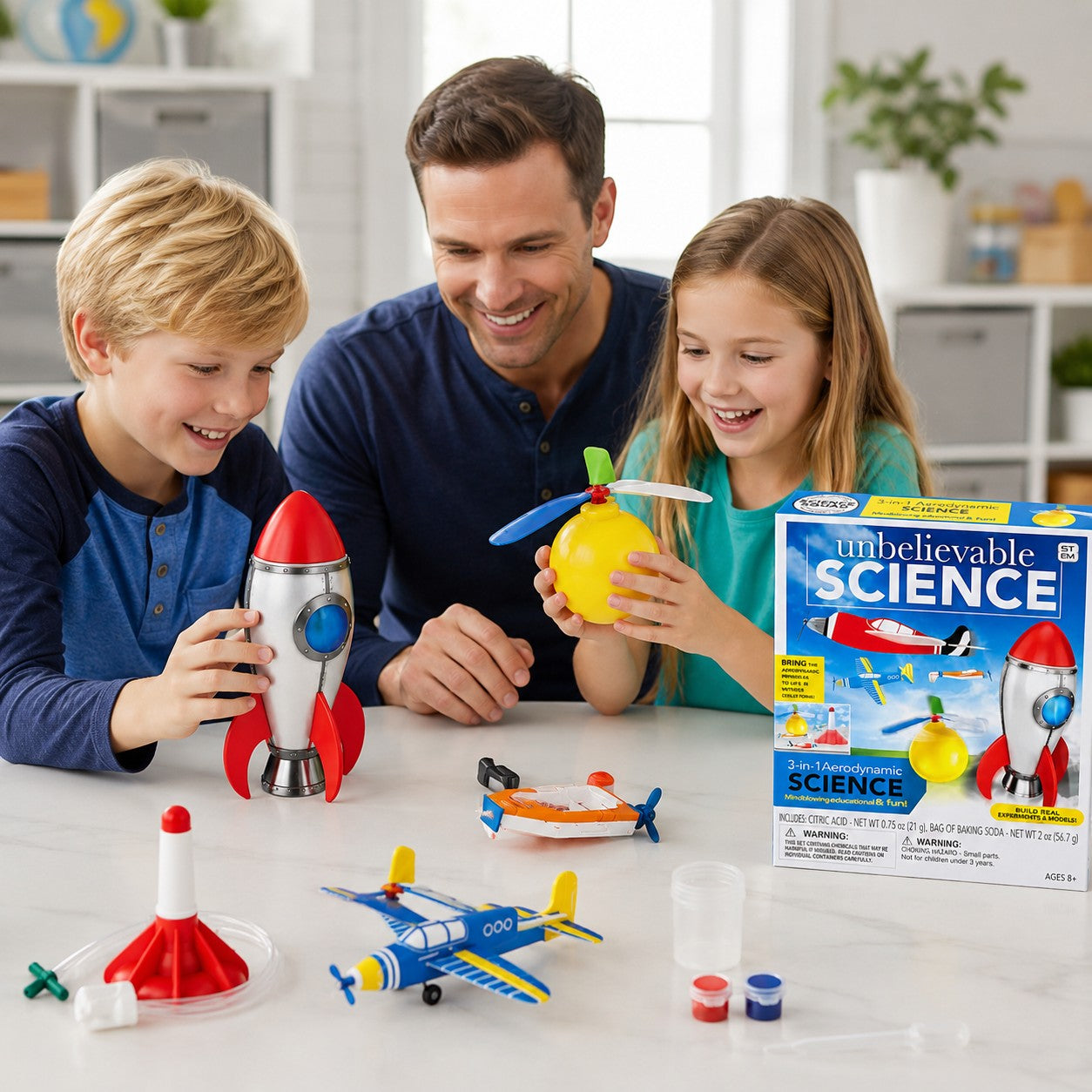 Tap2Own Unbelievable Science 3-in-1 Aerodynamic Experiments and Models kit with a father and two children building and playing with rockets, airplanes, and helicopters.