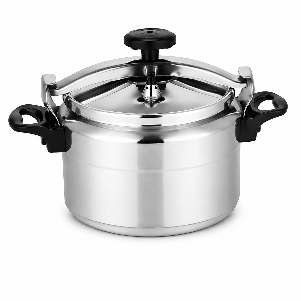 Tap2Own 9L aluminum pressure cooker with black handles and lid knob. Features a polished exterior and secure locking mechanism.