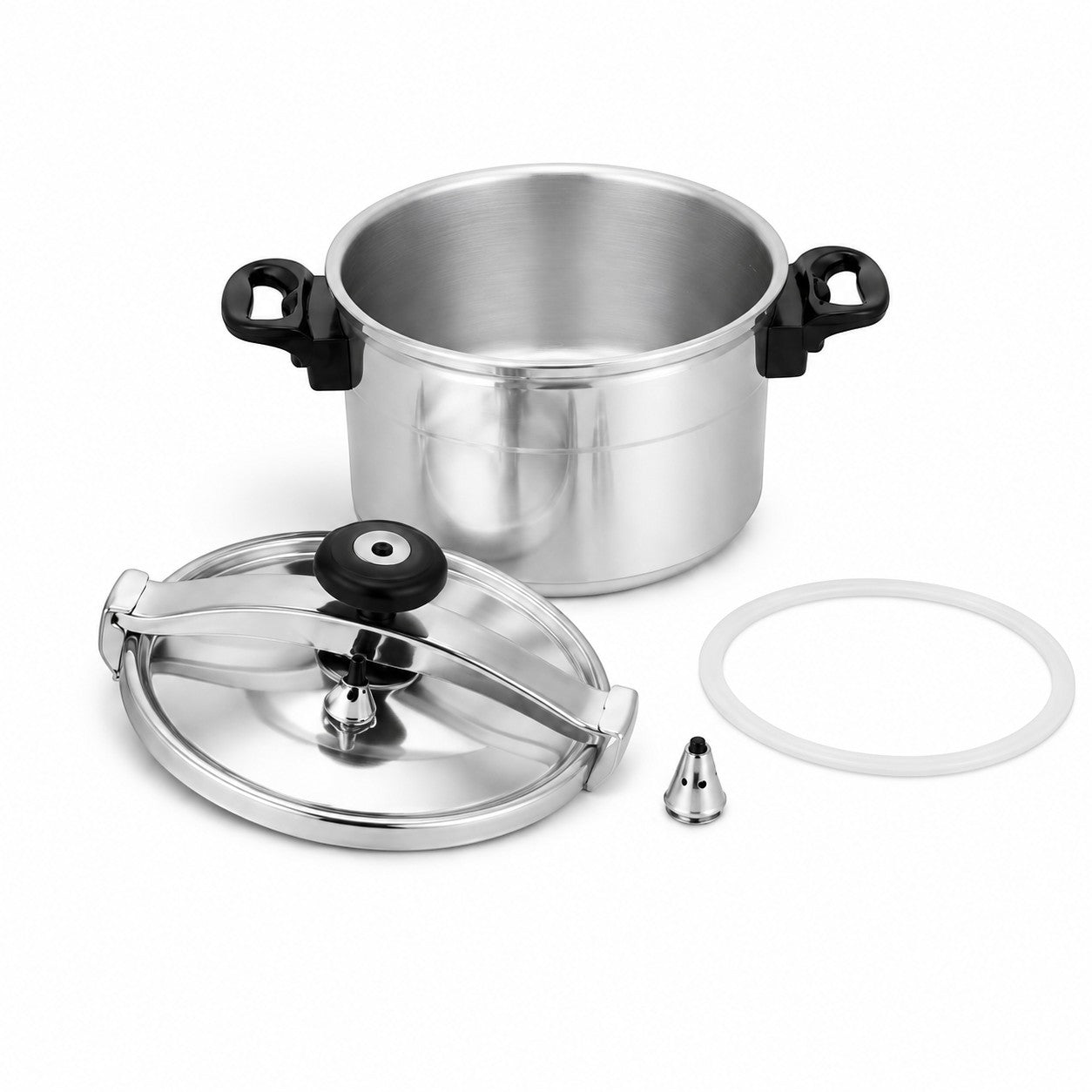 Tap2Own 9L aluminum pressure cooker with lid, gasket, and valve. Features cool-touch Bakelite handles and a mirror-polished exterior.