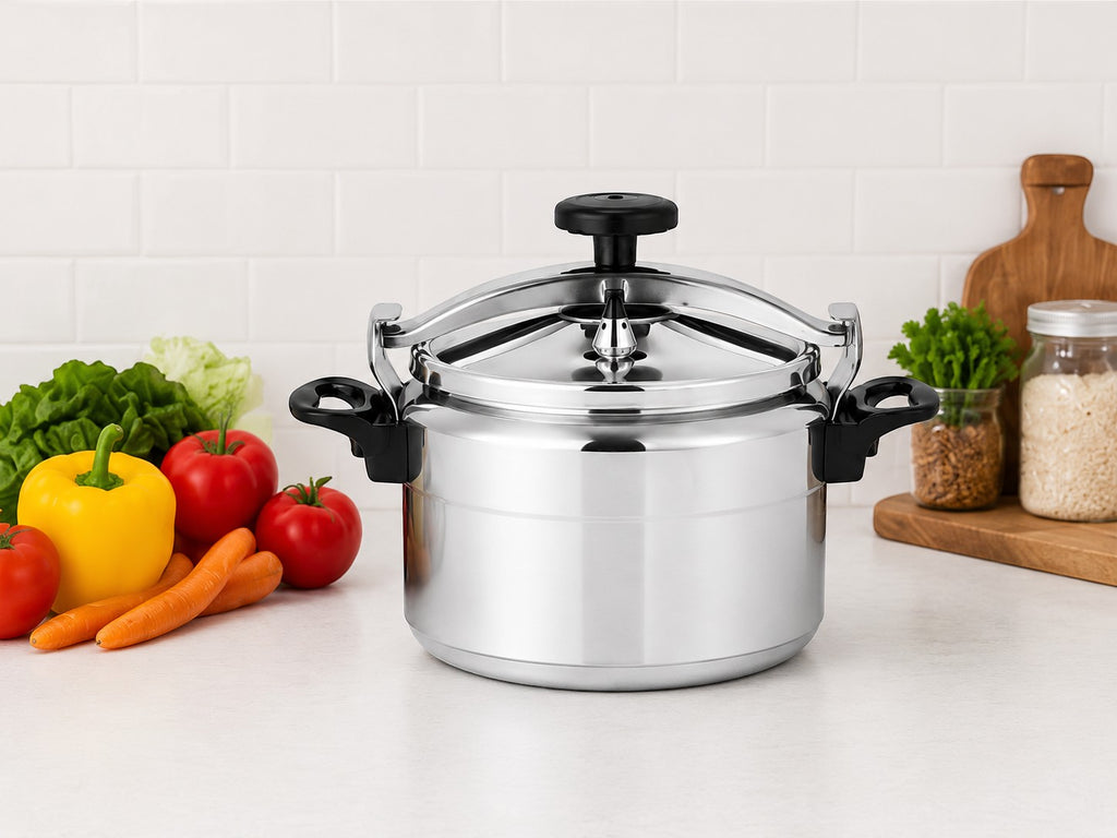 Tap2Own 9L aluminum pressure cooker with cool-touch Bakelite handles, ideal for fast, healthy family meals.