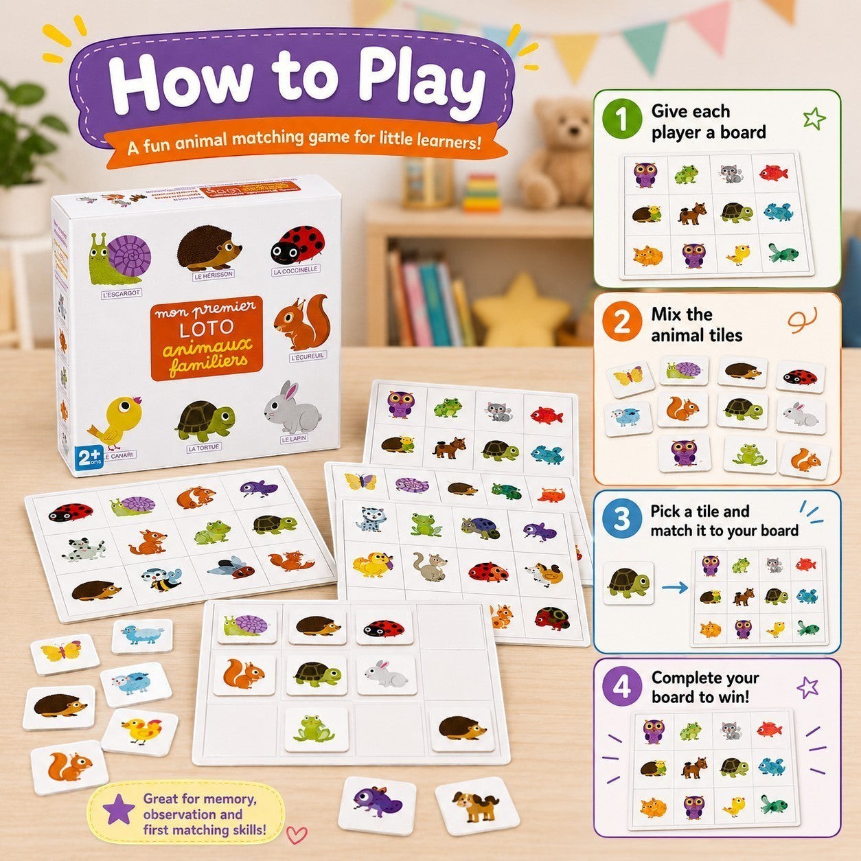 Tap2Own Family Animals Loto Game for toddlers, featuring colorful animal illustrations for matching and memory skills.