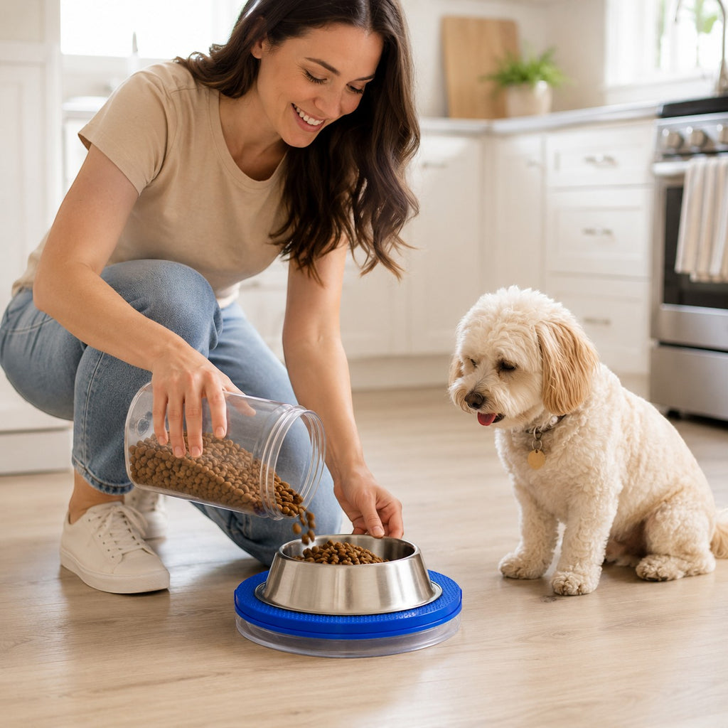 Tap2Own Anti Ant Pet Food Bowl Stand with blue base, a woman fills a metal bowl with kibble for a small dog.