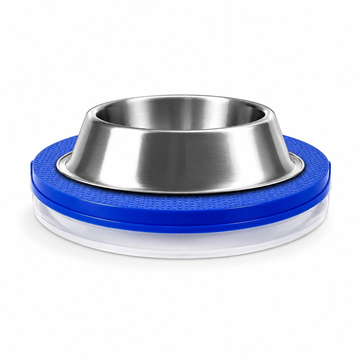 Tap2Own Anti Ant Pet Food Bowl Stand with stainless steel bowl on blue base, white background
