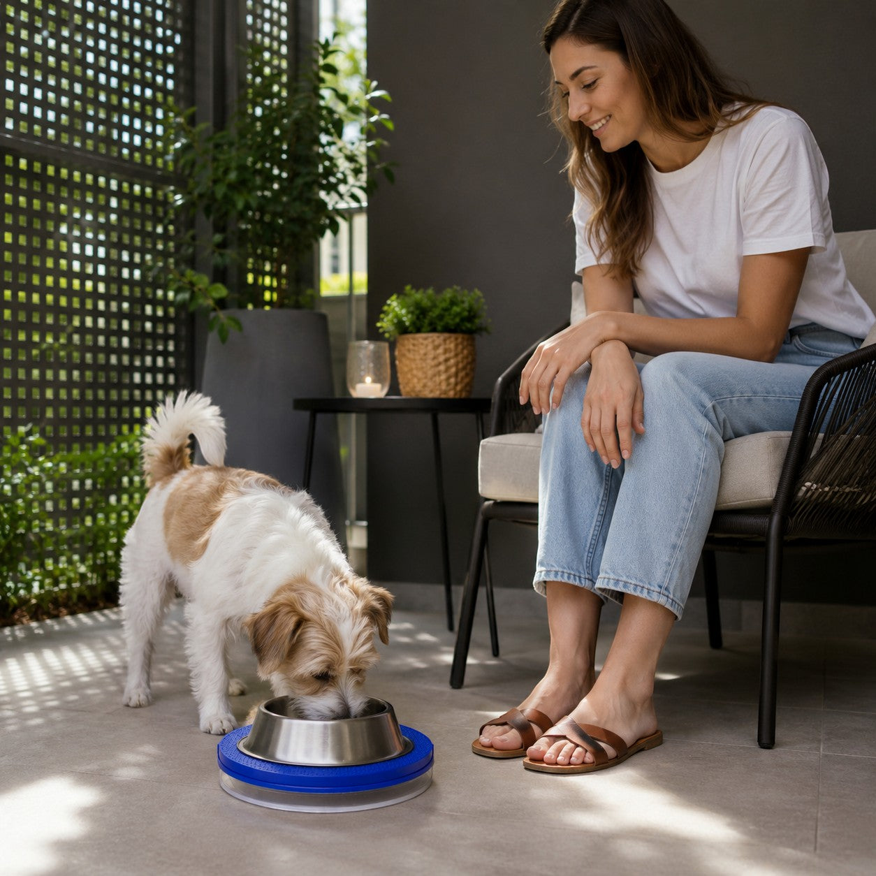 Tap2Own Anti Ant Pet Food Bowl Stand with stainless steel bowl on blue base, dog eating.