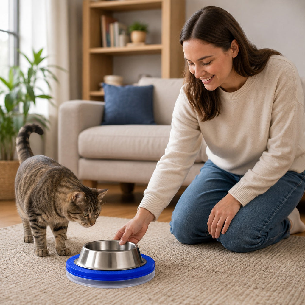 Tap2Own Anti Ant Pet Food Bowl Stand with stainless steel bowl on blue base, used by a woman and cat indoors.
