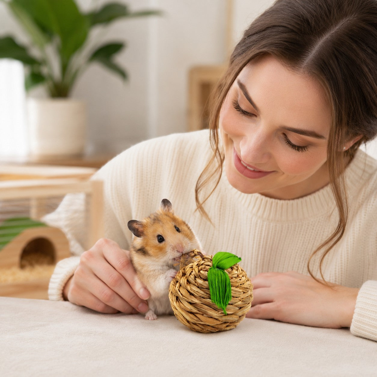 Tap2Own woven apple shaped natural fiber chew toy with green leaf detail for small animals.