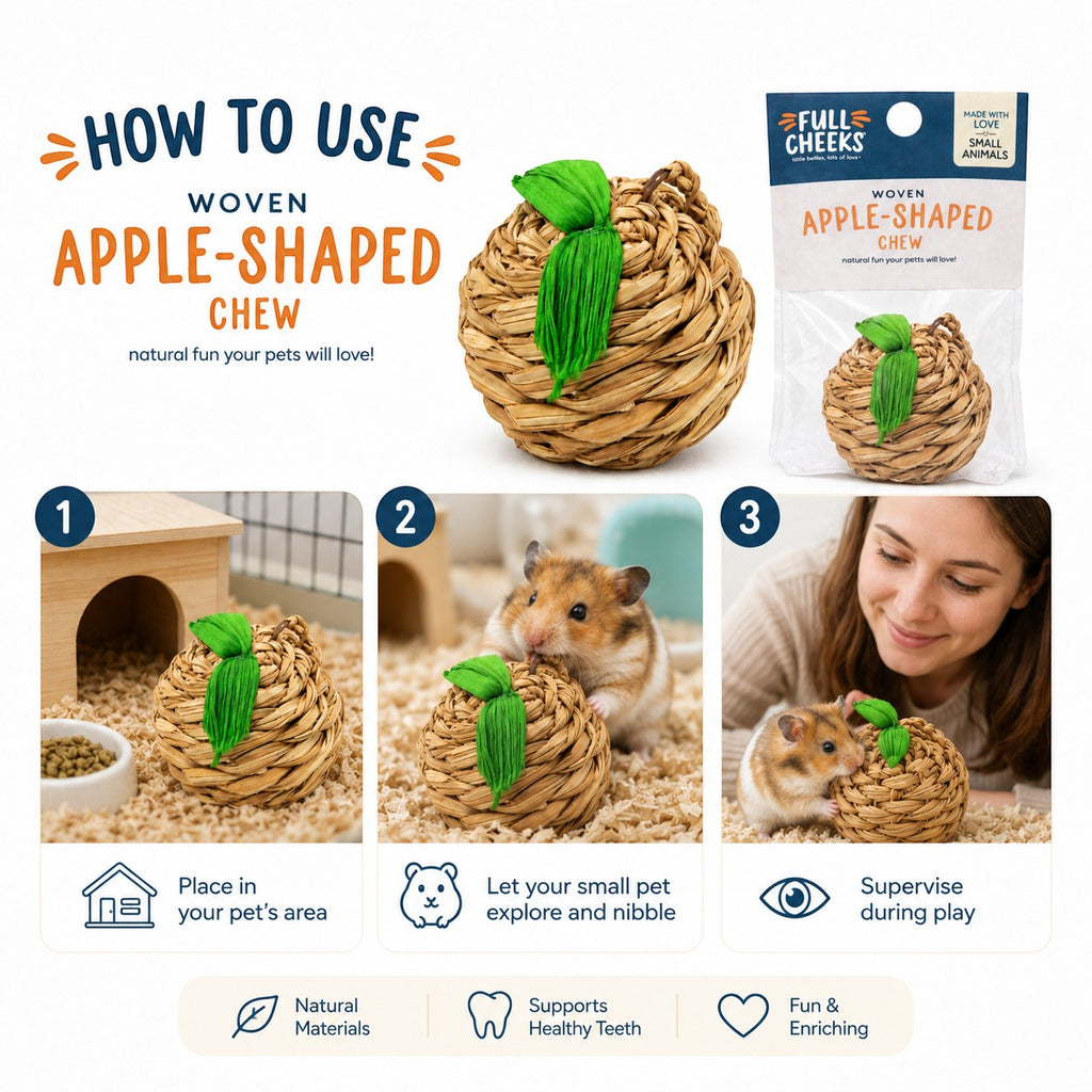 Tap2Own Woven Apple Shaped Natural Fiber Chew Toy with green leaf detail for small animals like hamsters.