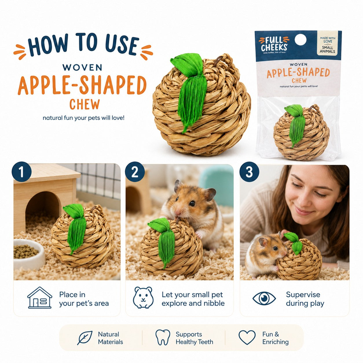 Tap2Own Woven Apple Shaped Natural Fiber Chew Toy with green leaf detail for small animals like hamsters.