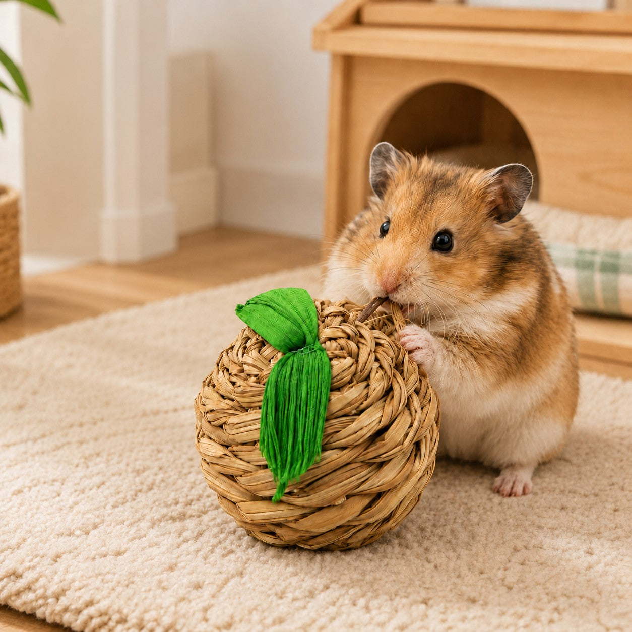 Tap2Own natural fiber apple-shaped chew toy with green leaf detail, for small animals.