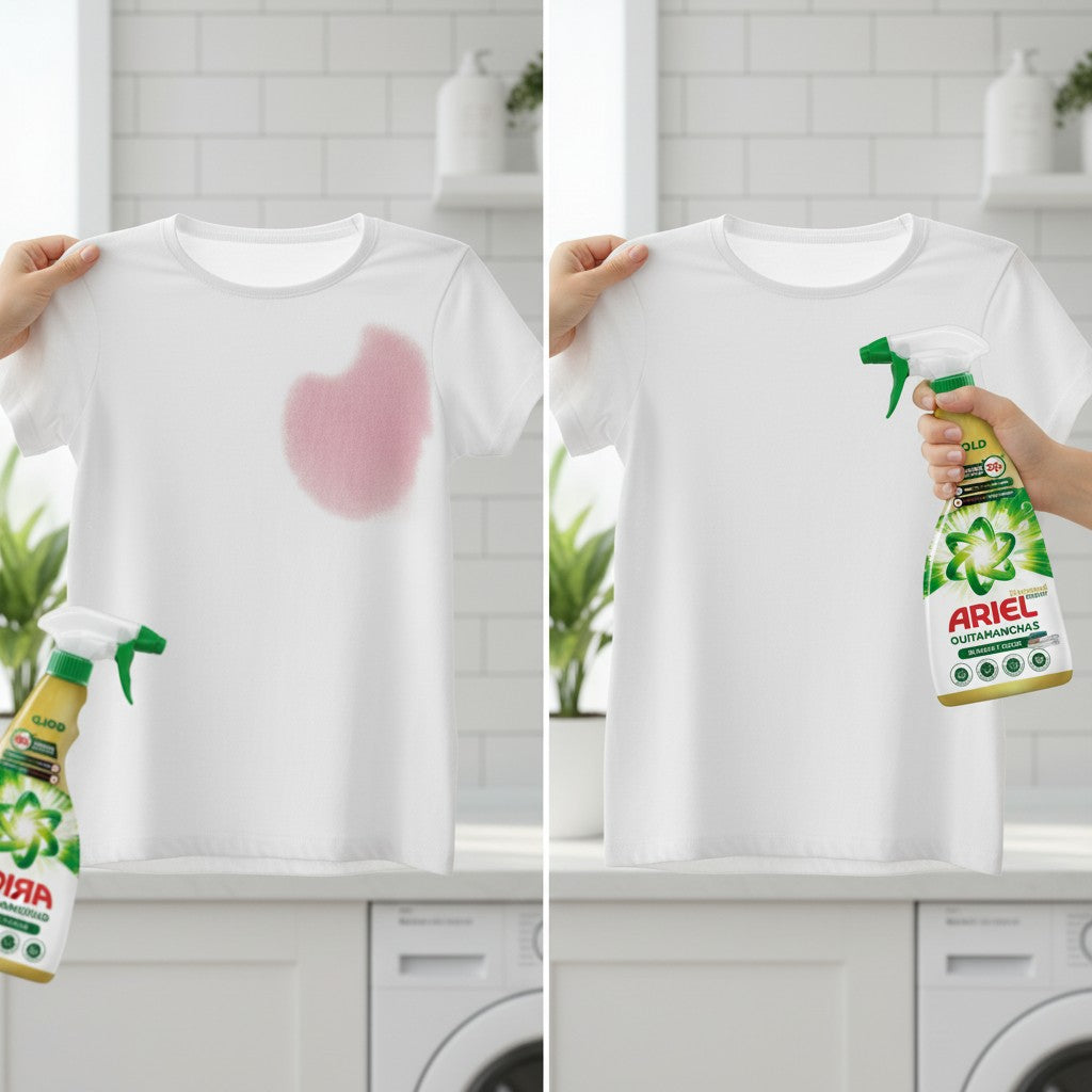 Tap2Own Ariel Diamond Bright stain remover spray bottle cleaning a pink stain off a white t-shirt