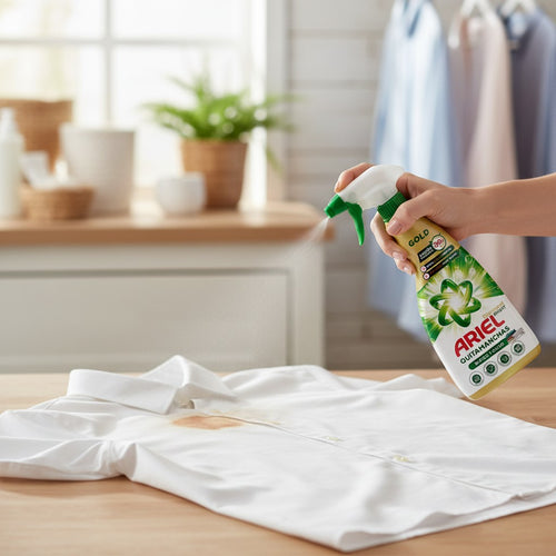 Tap2Own Ariel Diamond Bright stain remover spray being applied to a brown stain on a white shirt in a laundry room.