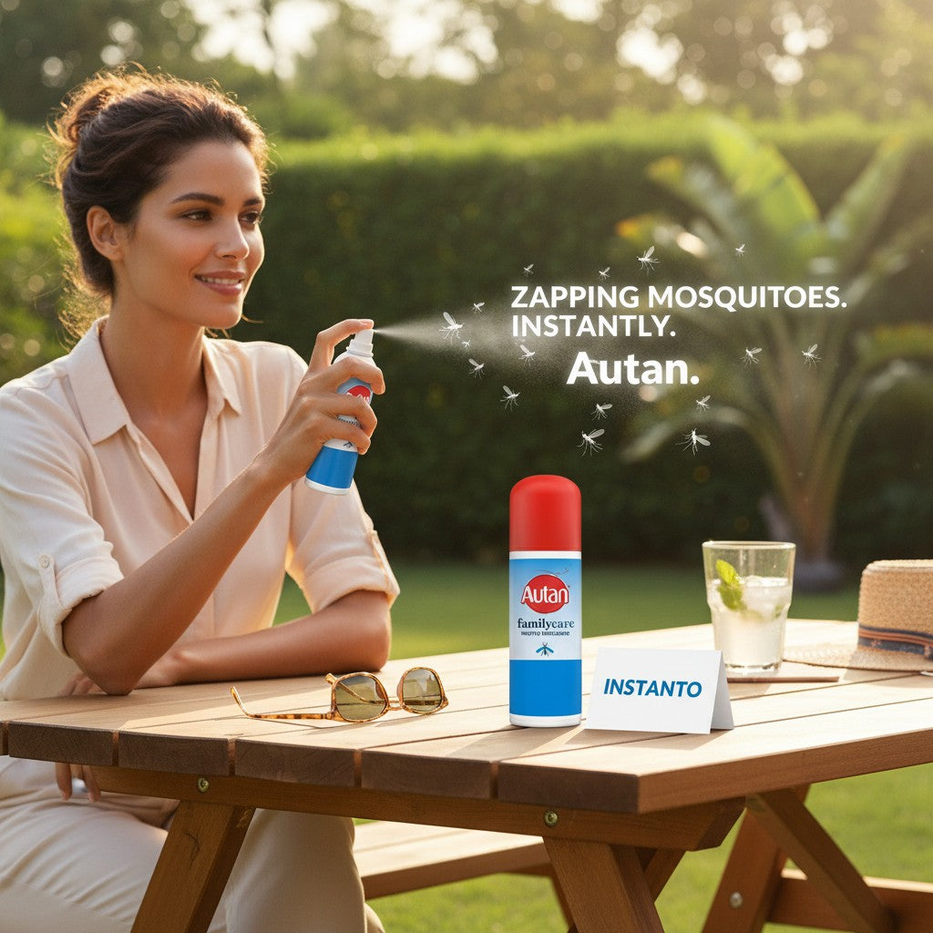 Tap2Own Autan Family Care insect repellent spray being used by a woman at an outdoor picnic table.