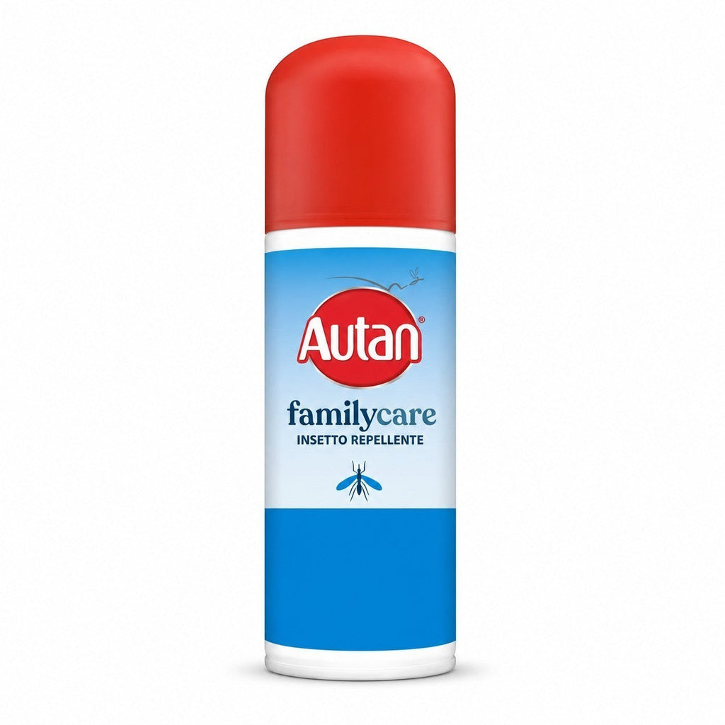 Tap2Own Autan Family Care insect repellent spray bottle with a red cap and blue label for mosquito protection.