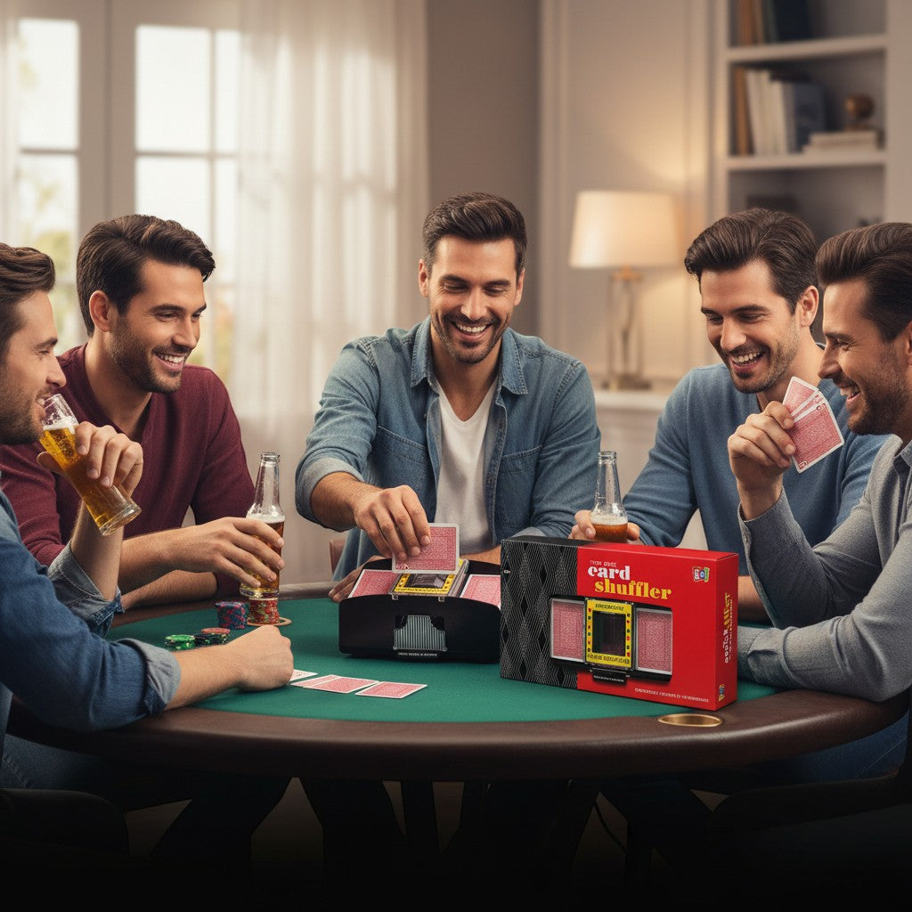 Tap2Own Automatic Two Deck Card Shuffler in use by smiling men playing cards at a table. The black plastic shuffler is on a green felt table with cards and bottles.