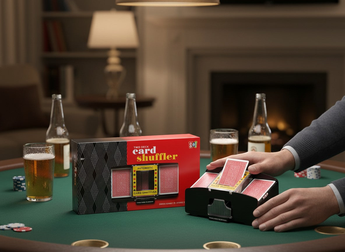 Tap2Own Automatic Two Deck Card Shuffler in black plastic, shown on a green felt table with cards, chips, and beer.