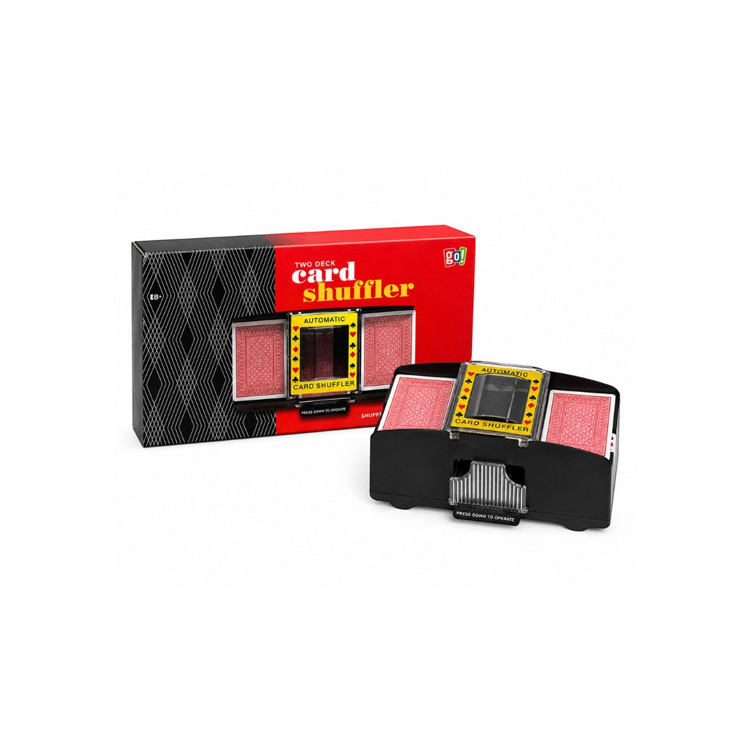 Tap2Own Automatic Two Deck Card Shuffler in black plastic with red card decks being shuffled.