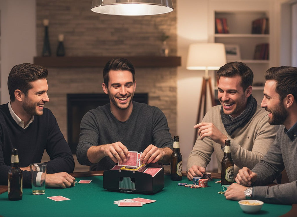 Tap2Own Automatic Two Deck Card Shuffler in use by men playing poker at a table. Black plastic shuffler with green accents.