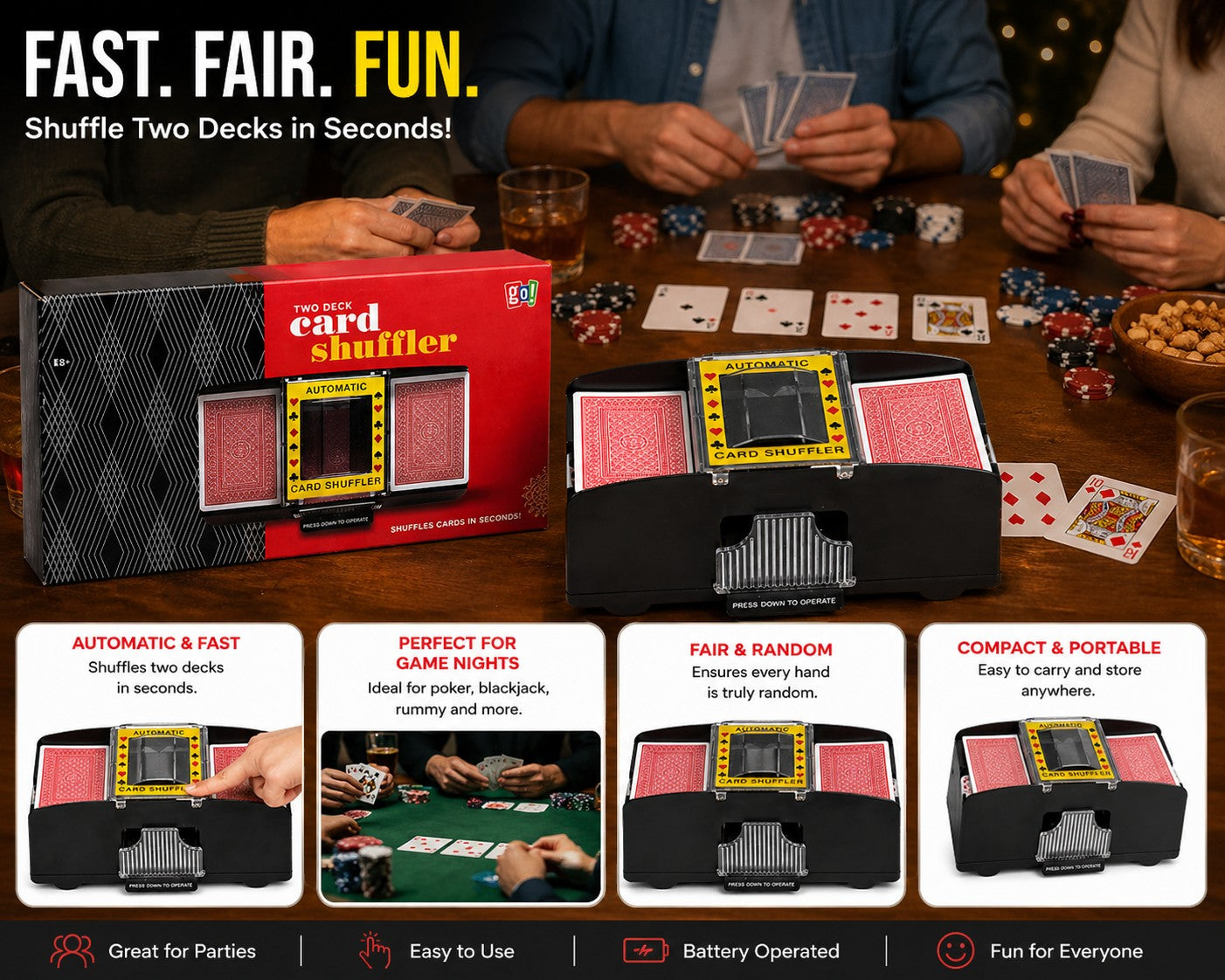 Tap2Own Automatic Two Deck Card Shuffler, black plastic, shuffles two decks quickly for poker, blackjack, and rummy.