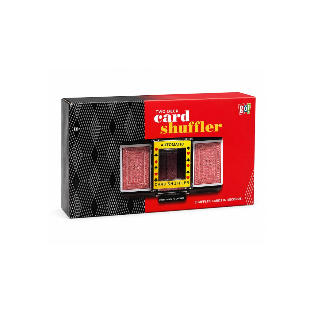 Tap2Own Automatic Two Deck Card Shuffler in red and black packaging, shuffles cards in seconds.