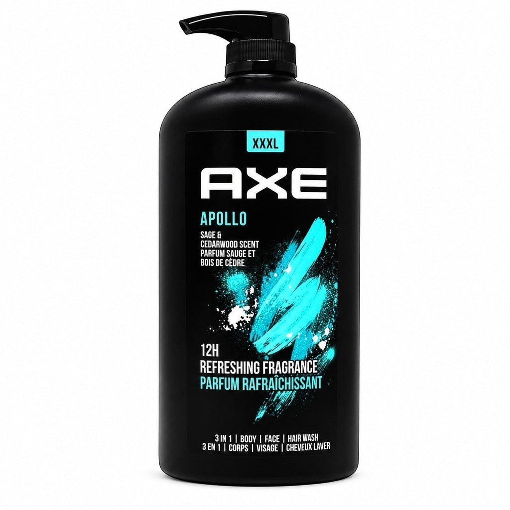 Tap2Own AXE Apollo 3-in-1 body, face, and hair wash in a large XXXL black pump bottle with blue accent design.
