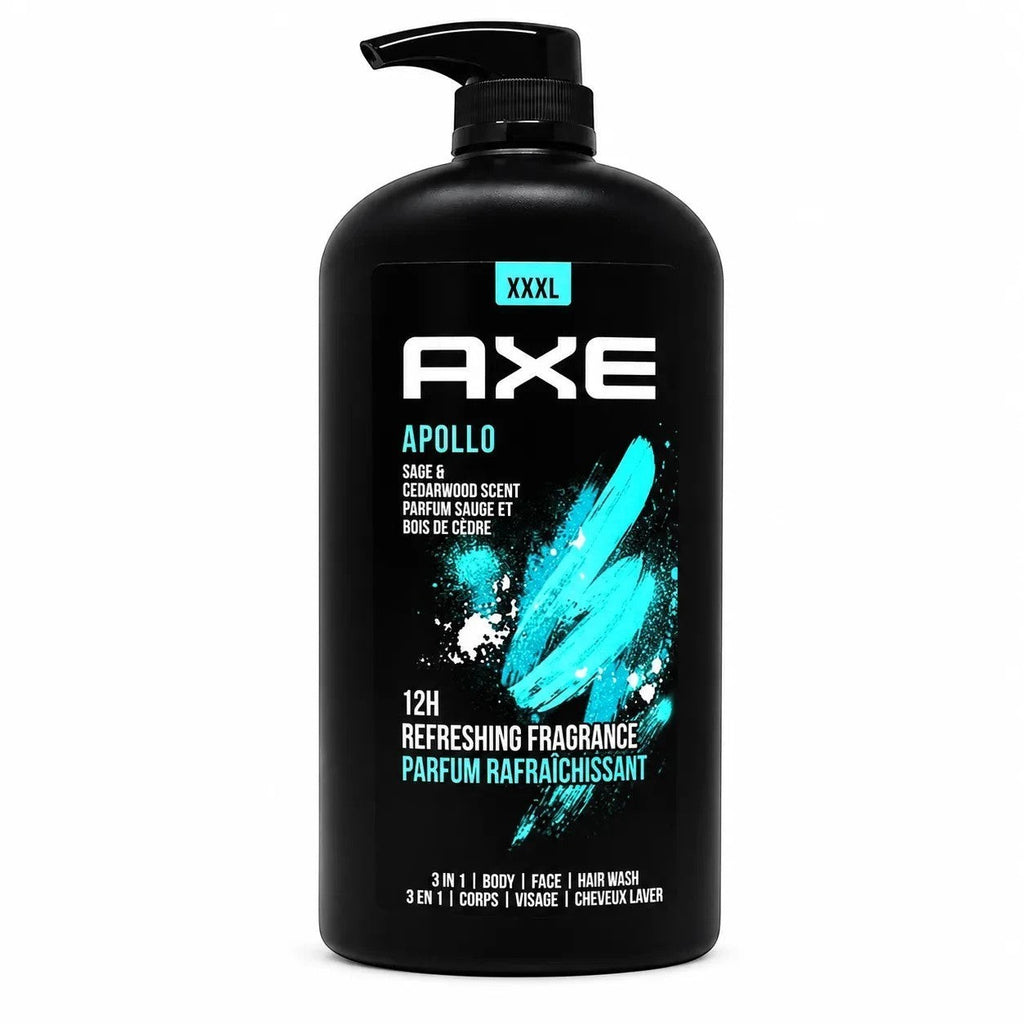 Tap2Own AXE Apollo 3-in-1 body, face, and hair wash in a large black XXXL pump bottle with blue accent graphics.