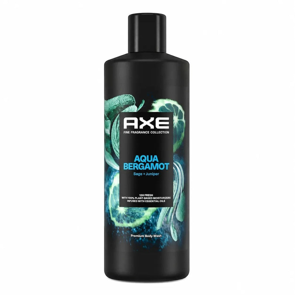 Tap2Own AXE Fine Fragrance Collection Aqua Bergamot body wash in a black bottle with sage and juniper scent notes.