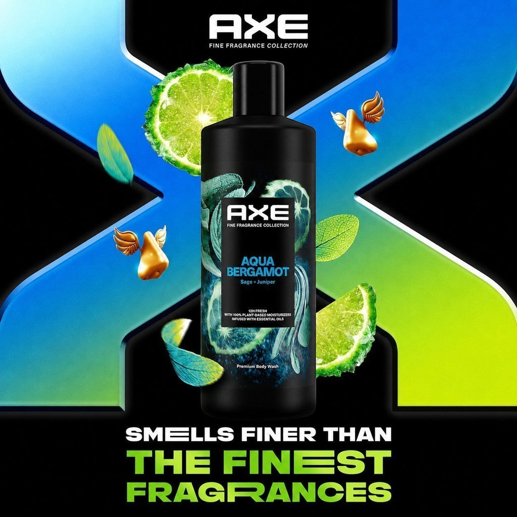 Tap2Own AXE Fine Fragrance Collection Aqua Bergamot body wash bottle with sage and juniper botanical accents.