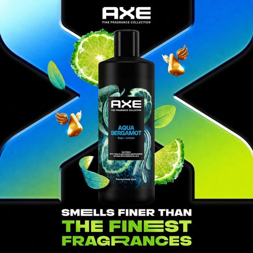 Tap2Own AXE Fine Fragrance Collection Aqua Bergamot body wash bottle with sage and juniper botanical accents.