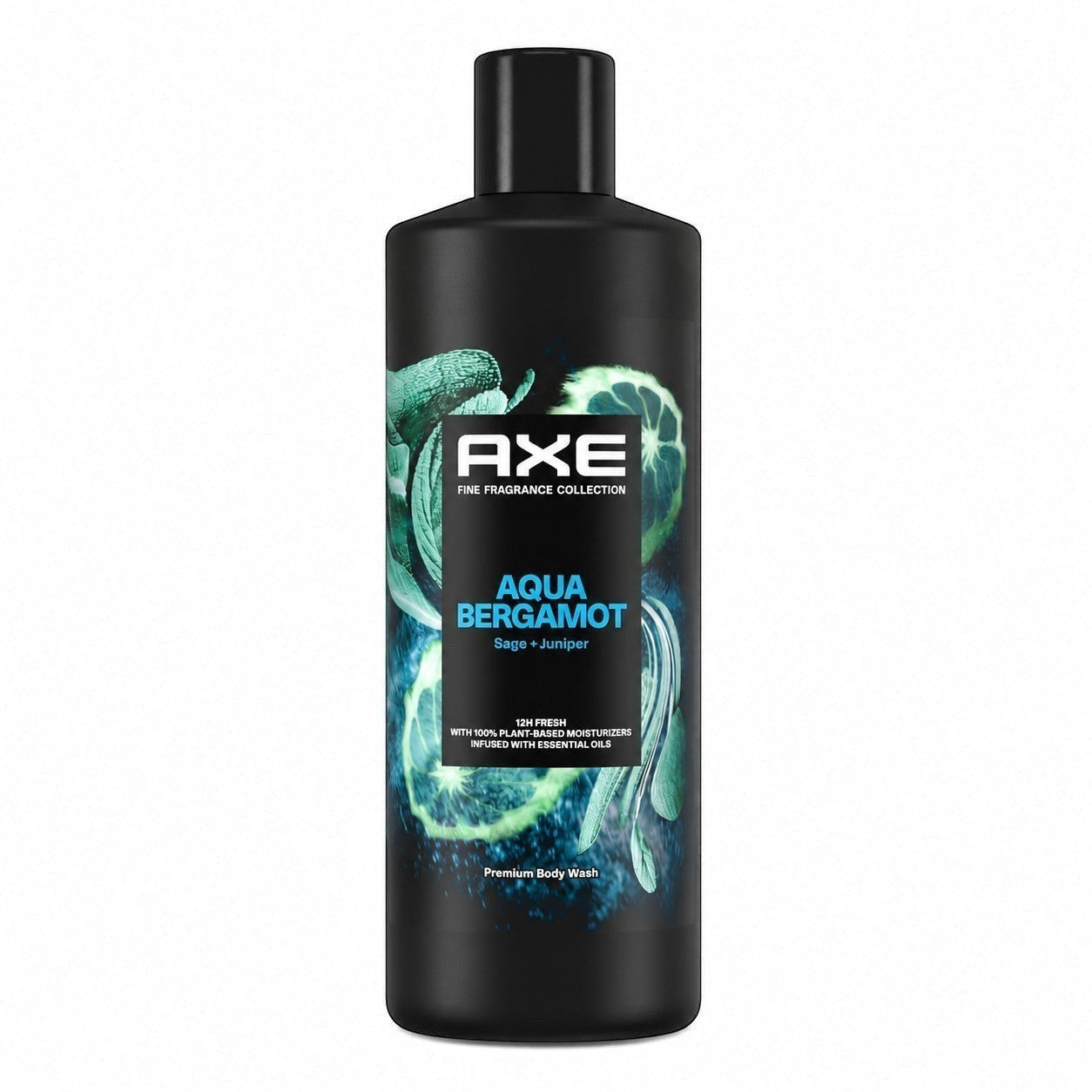 Tap2Own AXE Fine Fragrance Collection Aqua Bergamot body wash in a black bottle with sage and juniper scent notes.