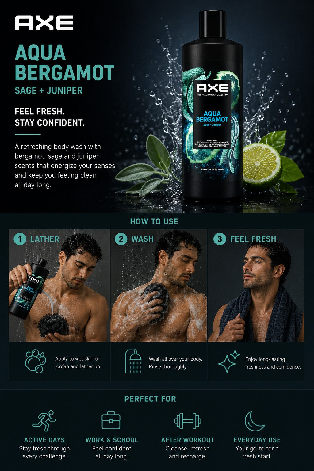 Tap2Own AXE Fine Fragrance Collection Aqua Bergamot body wash with essential oils, shown with a man in the shower.