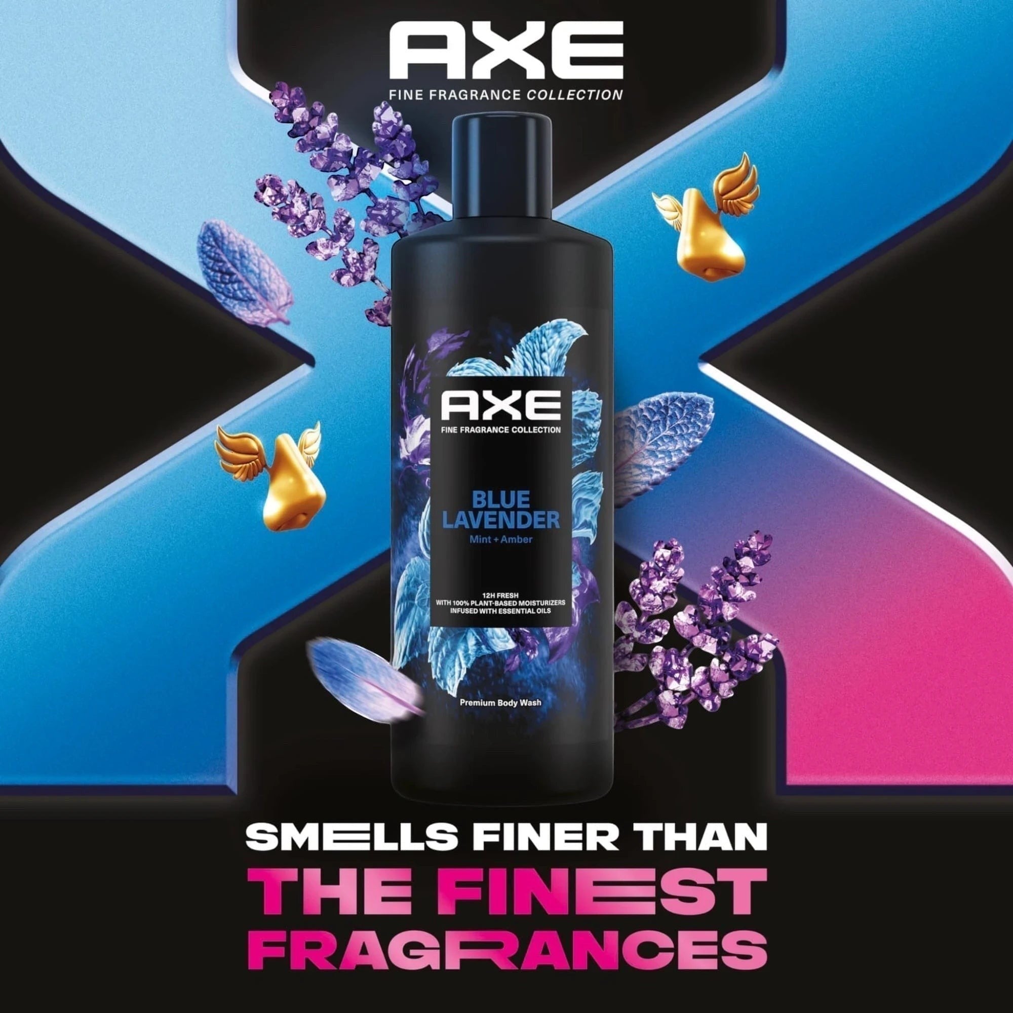 Tap2Own AXE Fine Fragrance Collection Blue Lavender body wash bottle with mint and lavender botanical illustrations